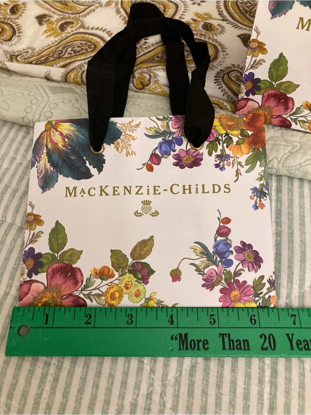 2- MINI MacKenzie-Childs Floral Gift Bags Black Grosgrain Ribbon Handles - Picture 4 of 7